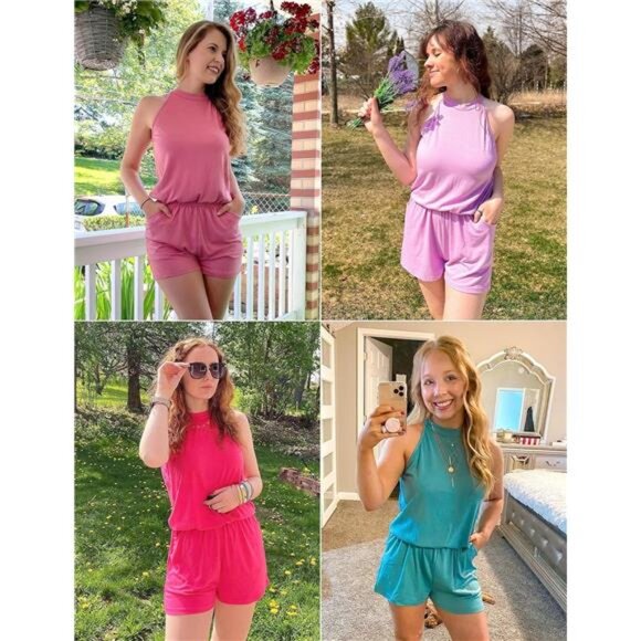 Women's Summer Halter Neck Jumpsuit – Elastic Waist, Solid Color with Pockets - Picture 6 of 7